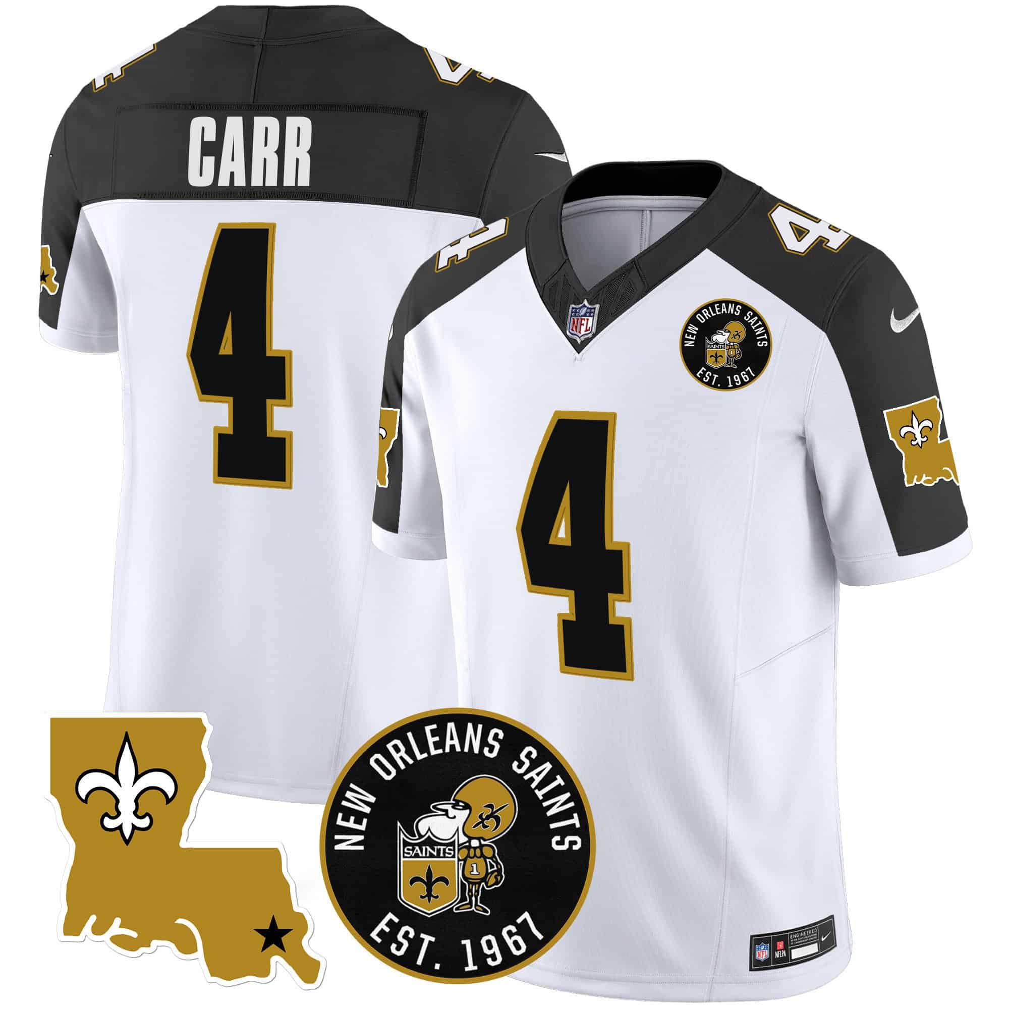 Men New Orleans Saints #4 Carr White 2024 Nike 1967 Patch Vapor Limited NFL Jersey style 1